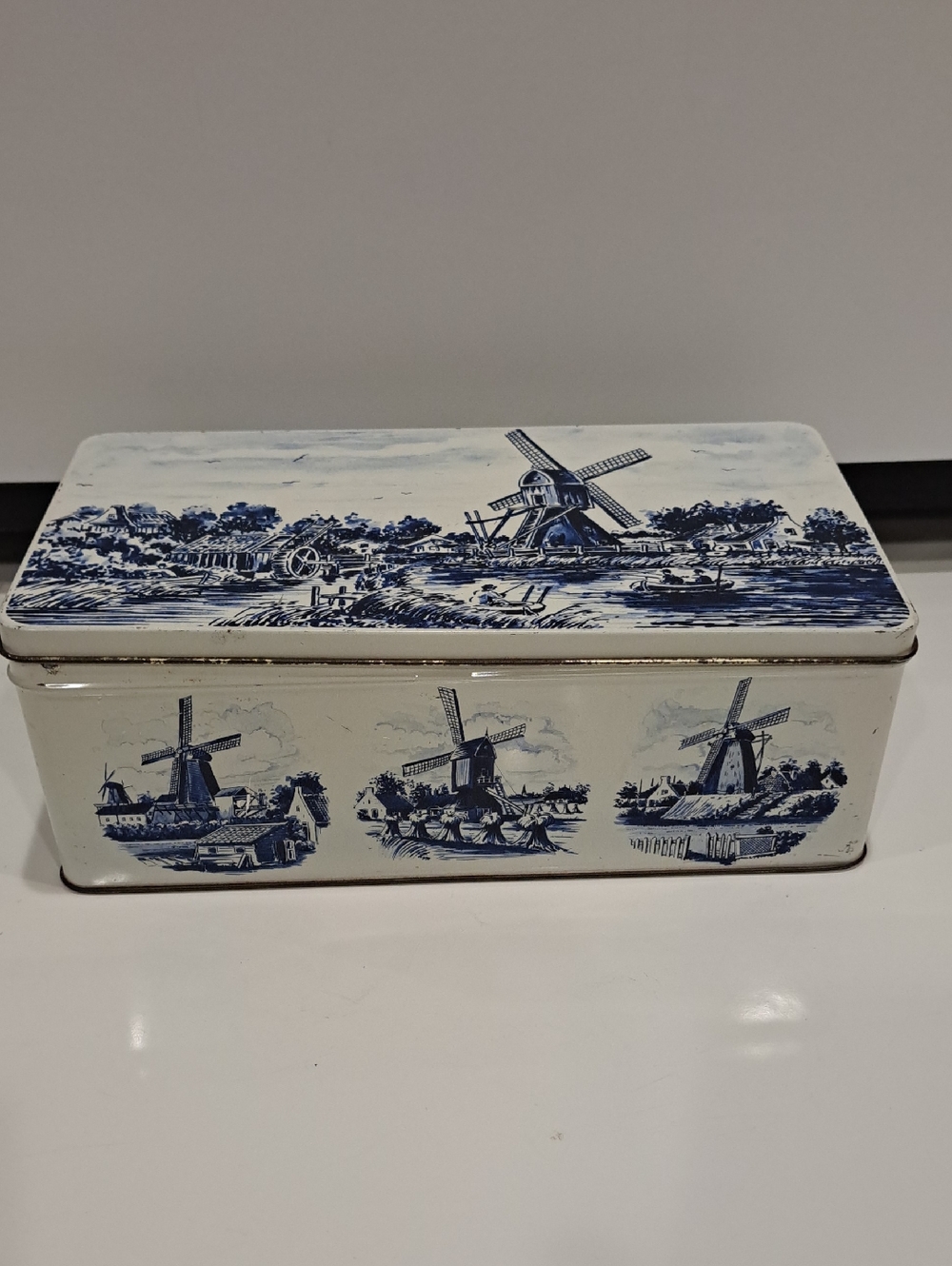 Vtg Delft Blue Style Tin Windmill Landscape Boats Fishermen River